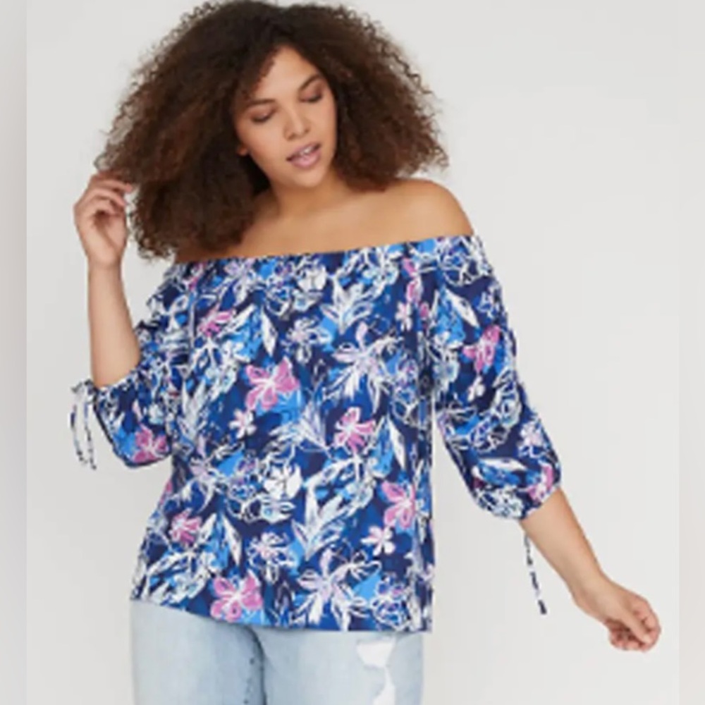 LANE BRYANT Women’s Floral Ruched Sleeve Off Shoulder Top~ 2X 18/20